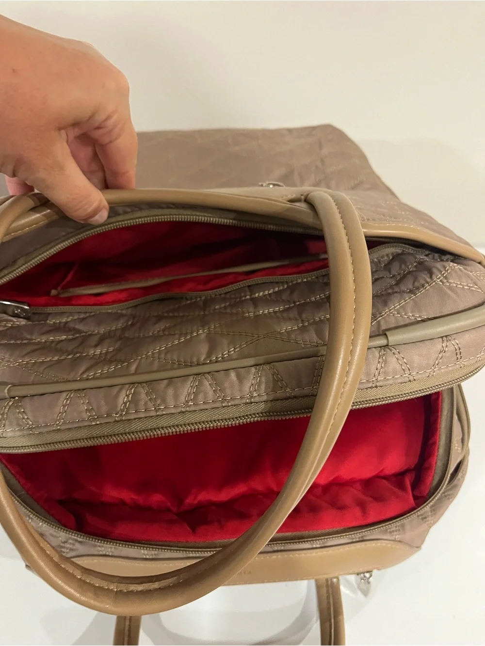 Quilted Travel Tote in Taupe with Tan Trim